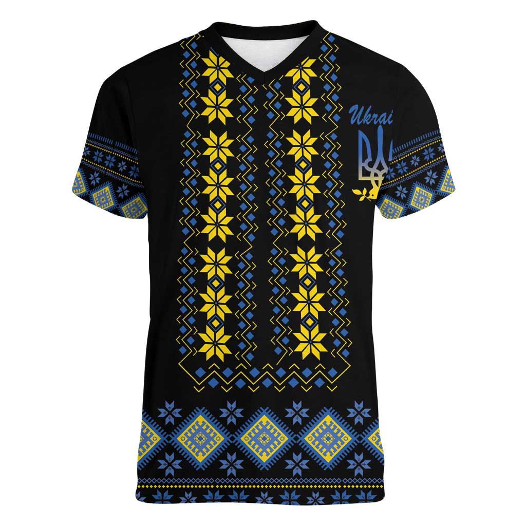 Yellow Ukraine Folk Patterns Women V-Neck T-Shirt - Wonder Print Shop