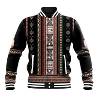 Black baseball jacket with vertical folk pattern panel, ribbed collar and striped cuffs