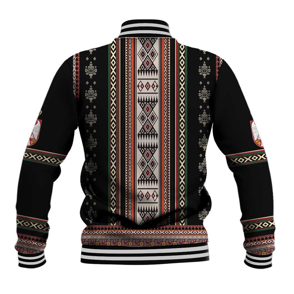 Black baseball jacket back with vertical folk stripe pattern, ribbed collar and striped hem
