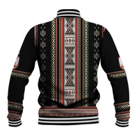 Black baseball jacket back with vertical folk stripe pattern, ribbed collar and striped hem