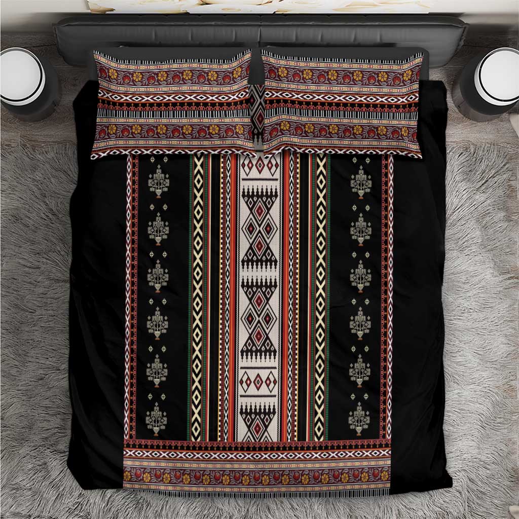 Black folk pattern duvet cover with geometric stripe bands and matching pillowcases