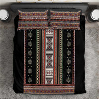 Black folk pattern duvet cover with geometric stripe bands and matching pillowcases