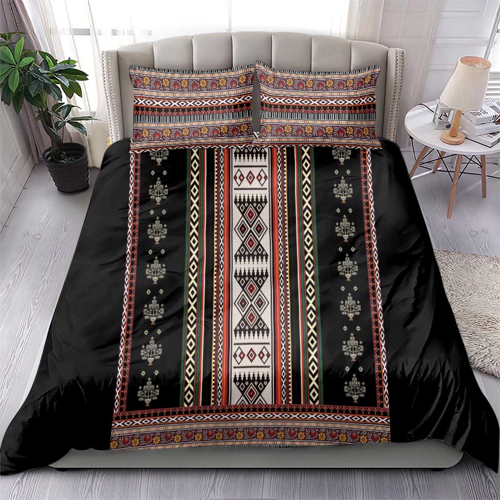 Black bedding set with multicolor folk stripes, central diamond motifs, and pillowcases
