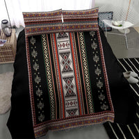 Black duvet cover with vertical folk stripes, central diamond panel, and decorative border