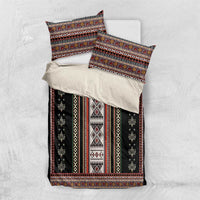 Black duvet cover set with pillowcases showing central diamond and multicolor stripes