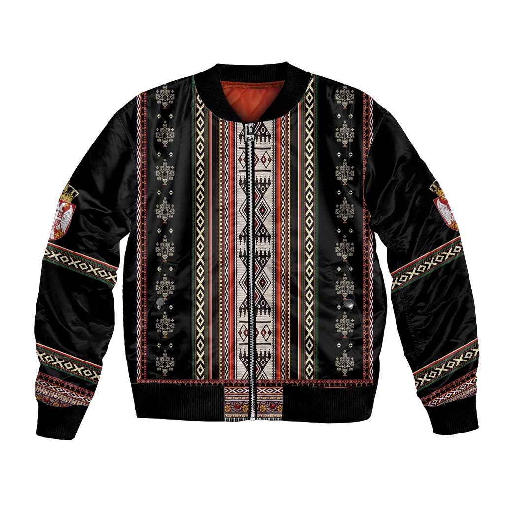 Black bomber jacket with Serbia-style folk stripe panels, ribbed hem and cuffs