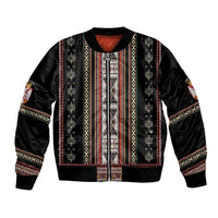Black bomber jacket with Serbia-style folk stripe panels, ribbed hem and cuffs