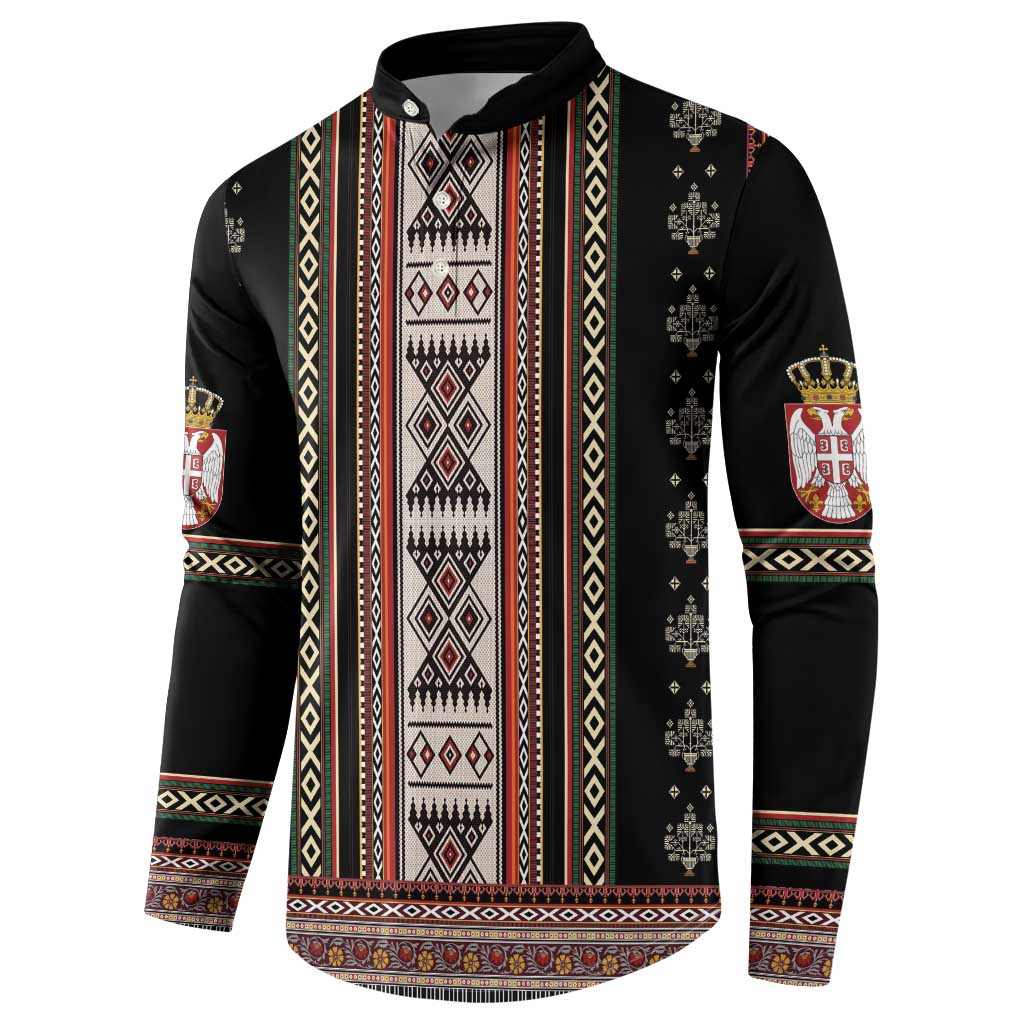 Black crewneck sweatshirt with vertical folk stripes, patterned center panel, and crest logos
