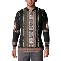 Black crewneck long-sleeve sweatshirt with folk stripe front and crest patch sleeves