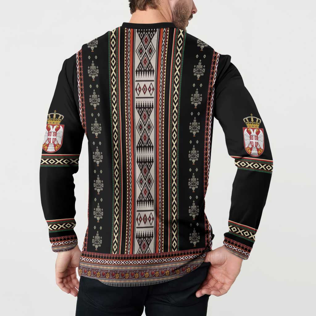 Black crewneck sweatshirt with back folk stripe print and crest badges on sleeves