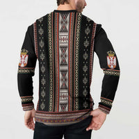 Black crewneck sweatshirt with back folk stripe print and crest badges on sleeves