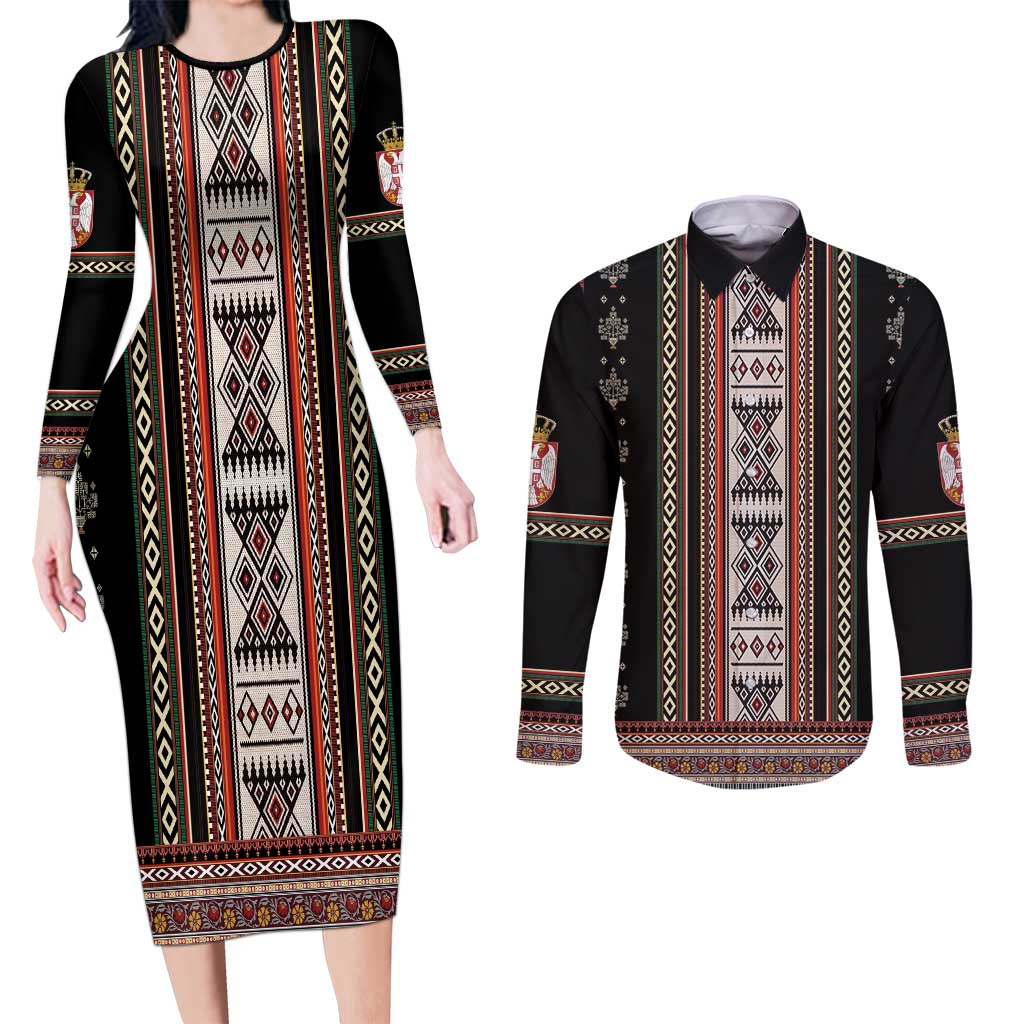 Serbia Folk Pattern Couples Matching Long Sleeve Bodycon Dress and Long Sleeve Button Shirt God of Justice - Wonder Print Shop