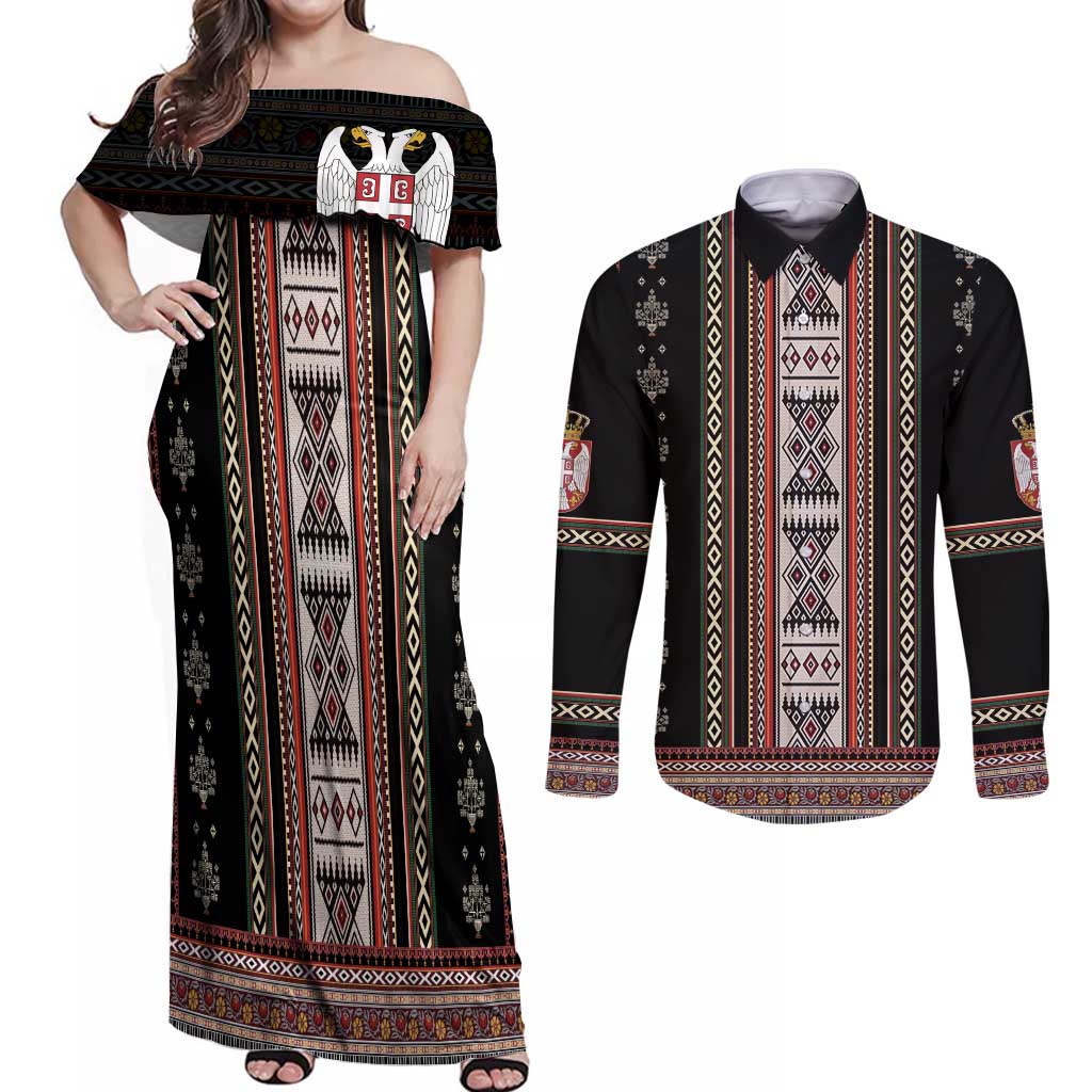 Serbia Folk Pattern Couples Matching Off Shoulder Maxi Dress and Long Sleeve Button Shirt God of Justice - Wonder Print Shop