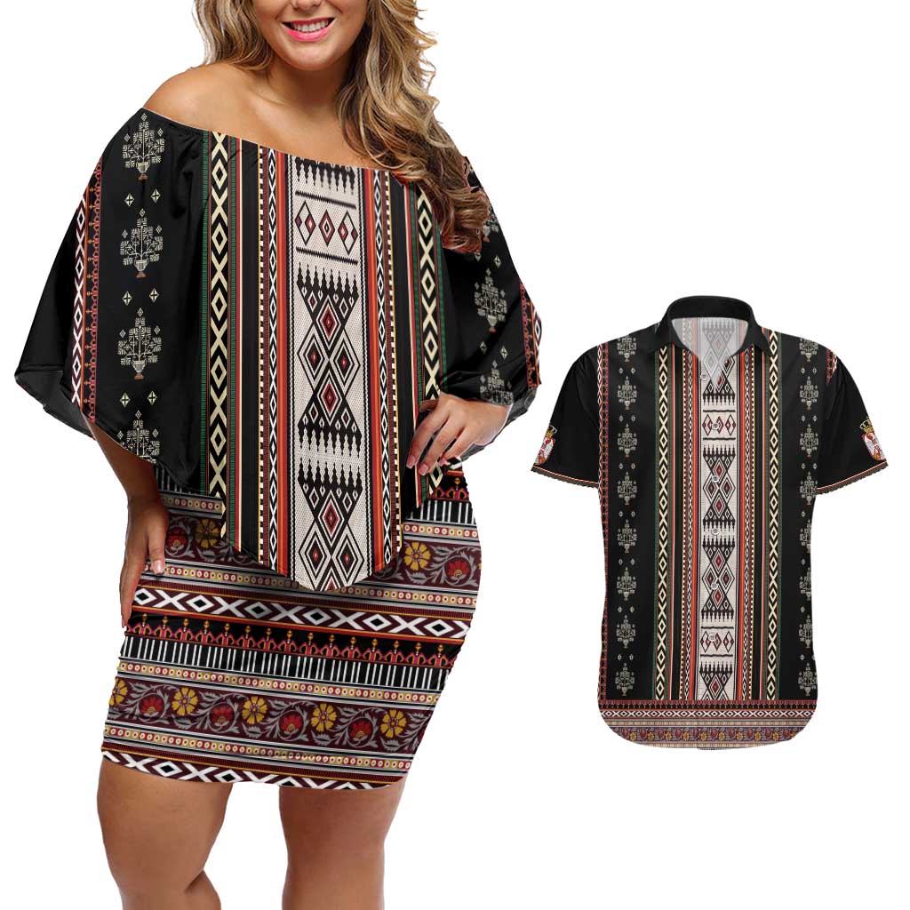 Serbia Folk Pattern Couples Matching Off Shoulder Short Dress and Hawaiian Shirt God of Justice - Wonder Print Shop