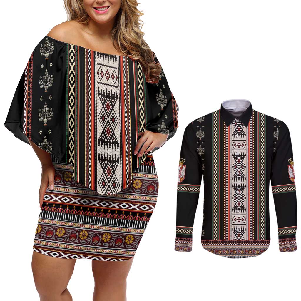 Serbia Folk Pattern Couples Matching Off Shoulder Short Dress and Long Sleeve Button Shirt God of Justice - Wonder Print Shop