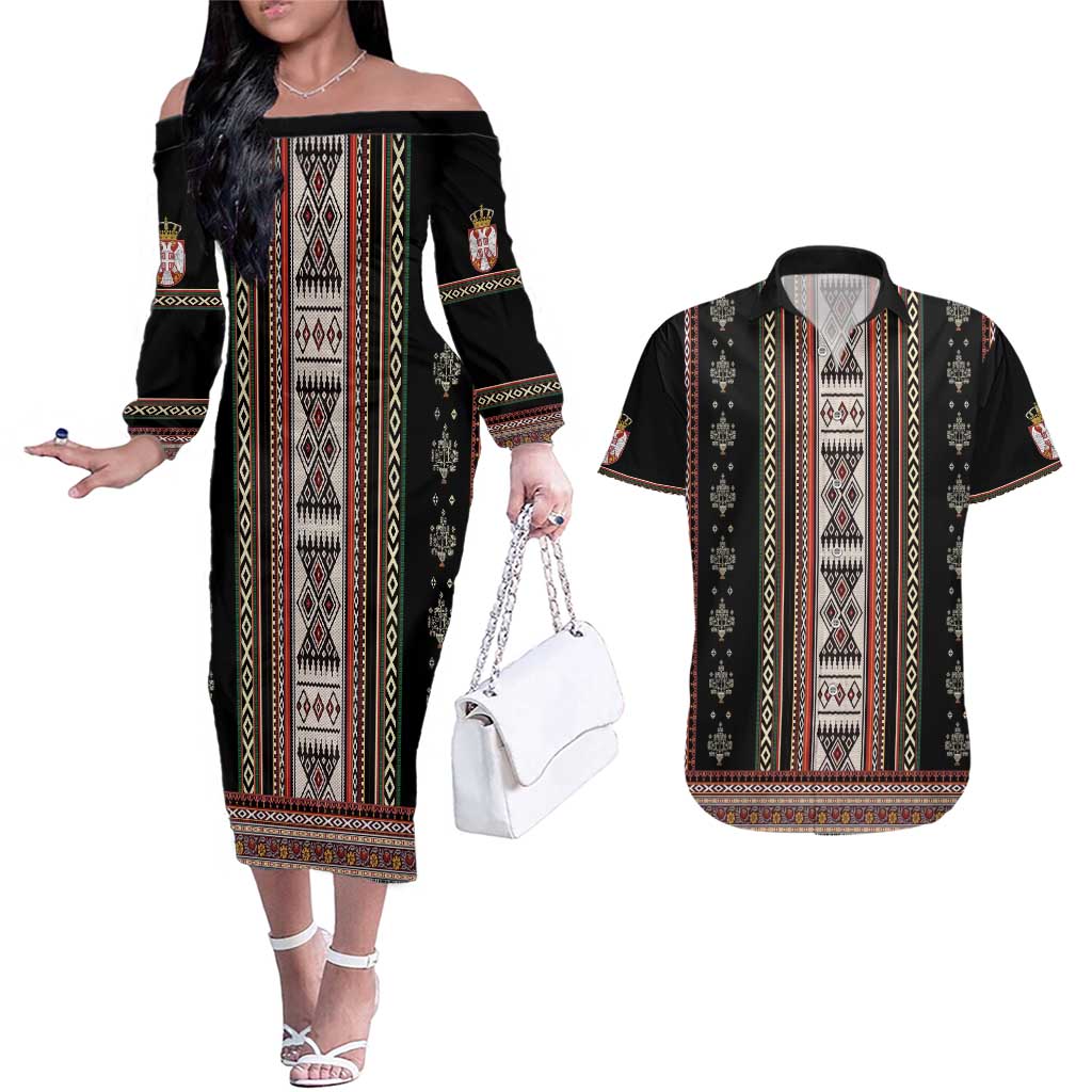 Serbia Folk Pattern Couples Matching Off The Shoulder Long Sleeve Dress and Hawaiian Shirt God of Justice - Wonder Print Shop