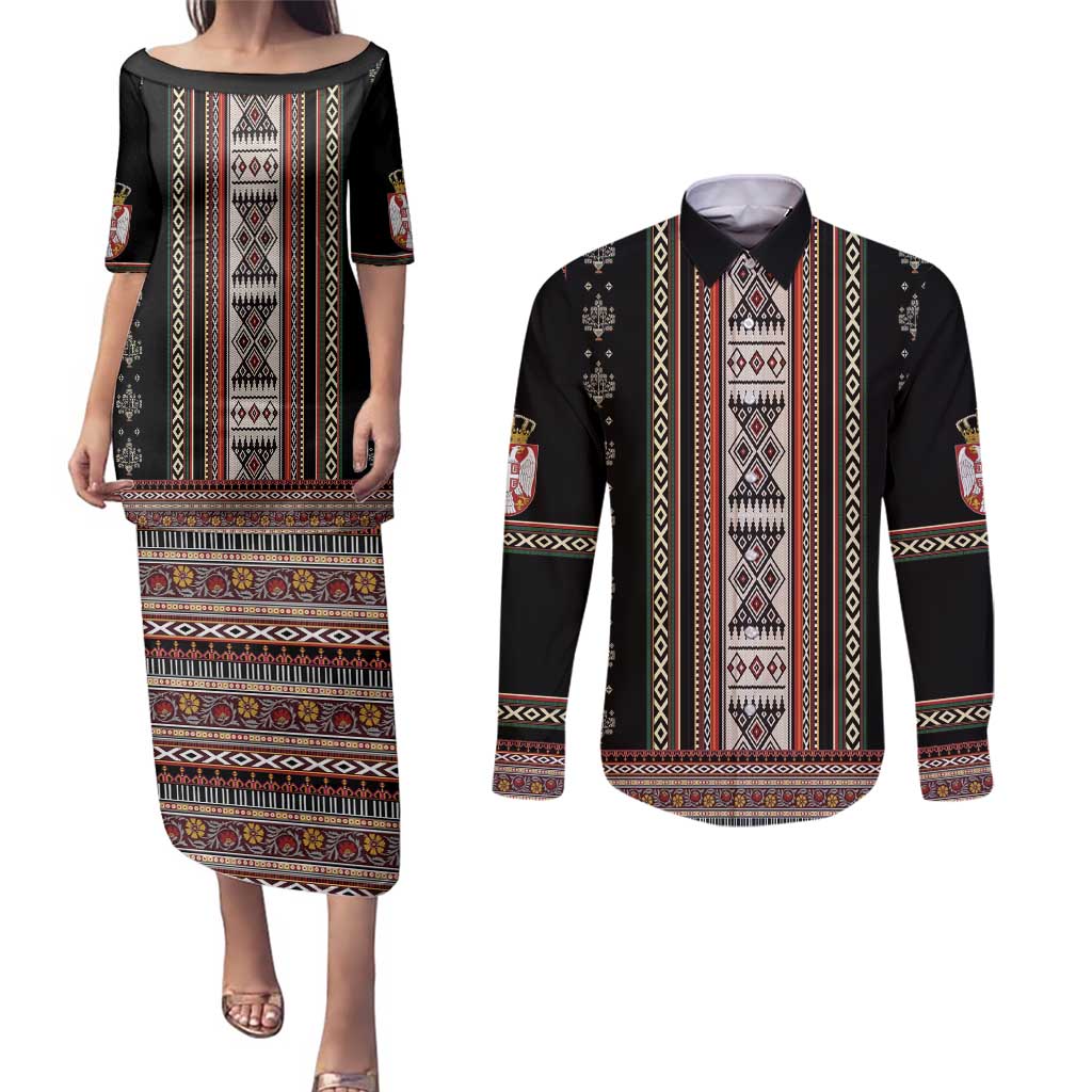 Serbia Folk Pattern Couples Matching Puletasi and Long Sleeve Button Shirt God of Justice - Wonder Print Shop