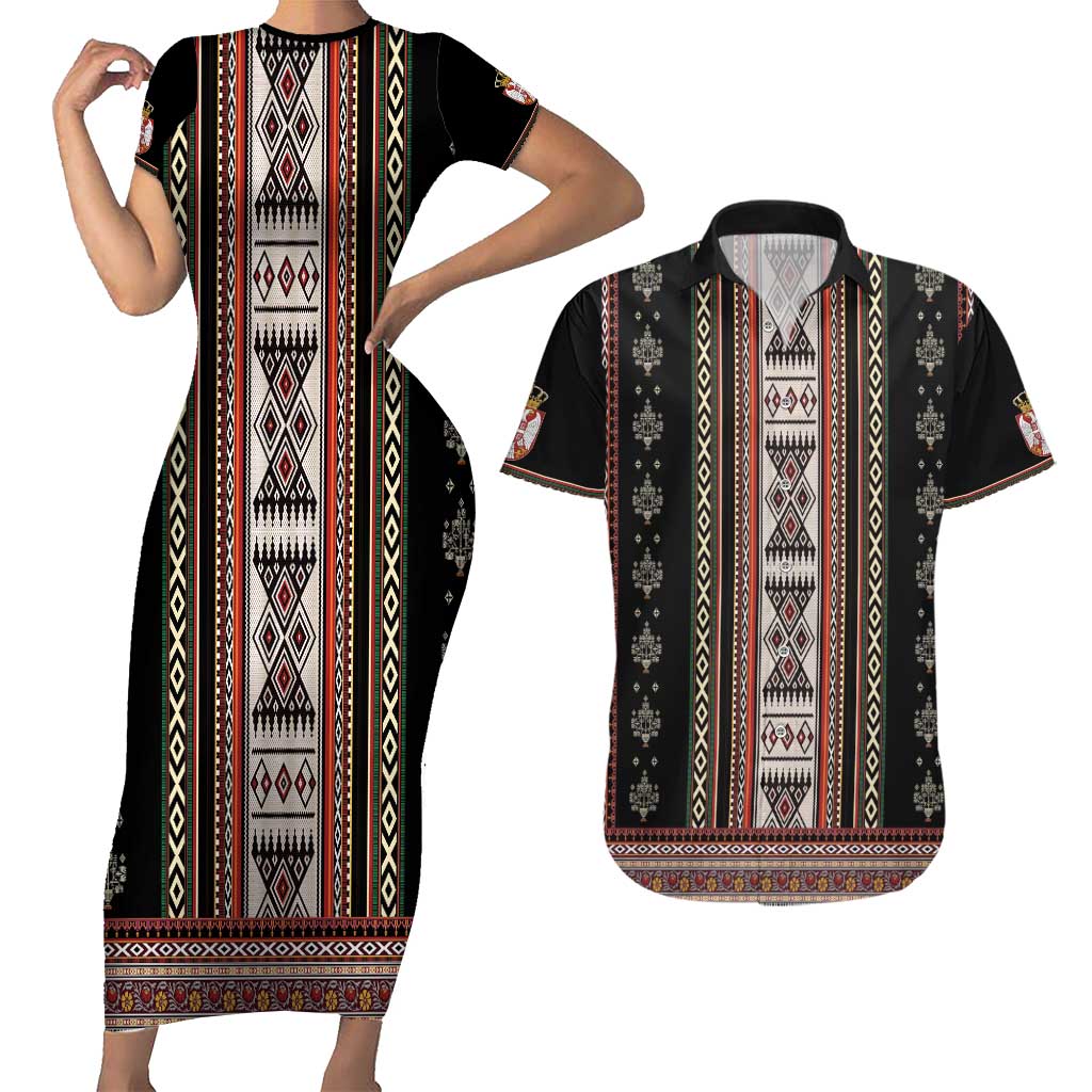 Serbia Folk Pattern Couples Matching Short Sleeve Bodycon Dress and Hawaiian Shirt God of Justice - Wonder Print Shop