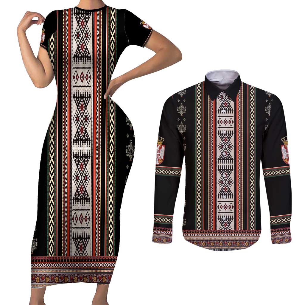 Serbia Folk Pattern Couples Matching Short Sleeve Bodycon Dress and Long Sleeve Button Shirt God of Justice - Wonder Print Shop