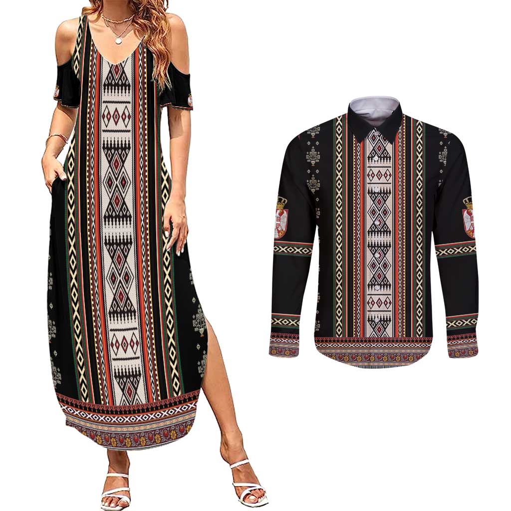 Serbia Folk Pattern Couples Matching Summer Maxi Dress and Long Sleeve Button Shirt God of Justice - Wonder Print Shop