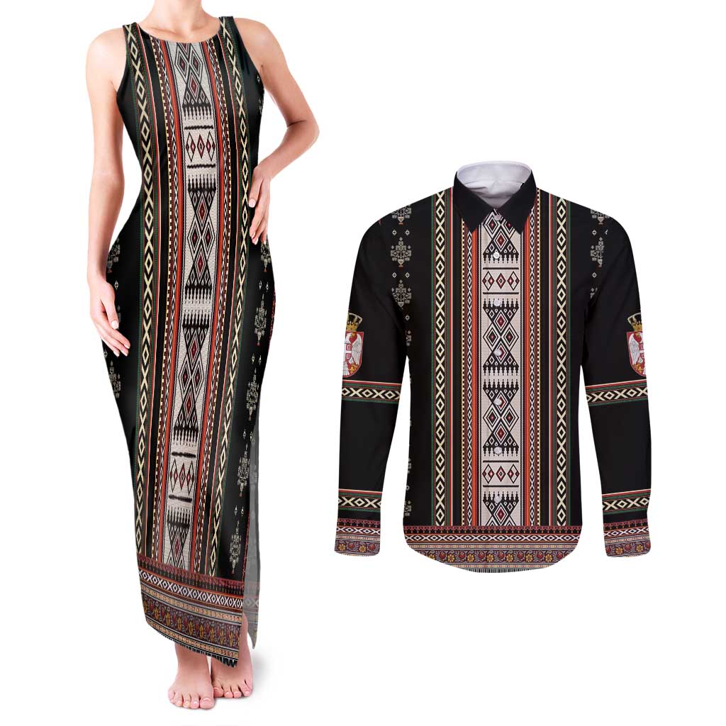 Serbia Folk Pattern Couples Matching Tank Maxi Dress and Long Sleeve Button Shirt God of Justice - Wonder Print Shop