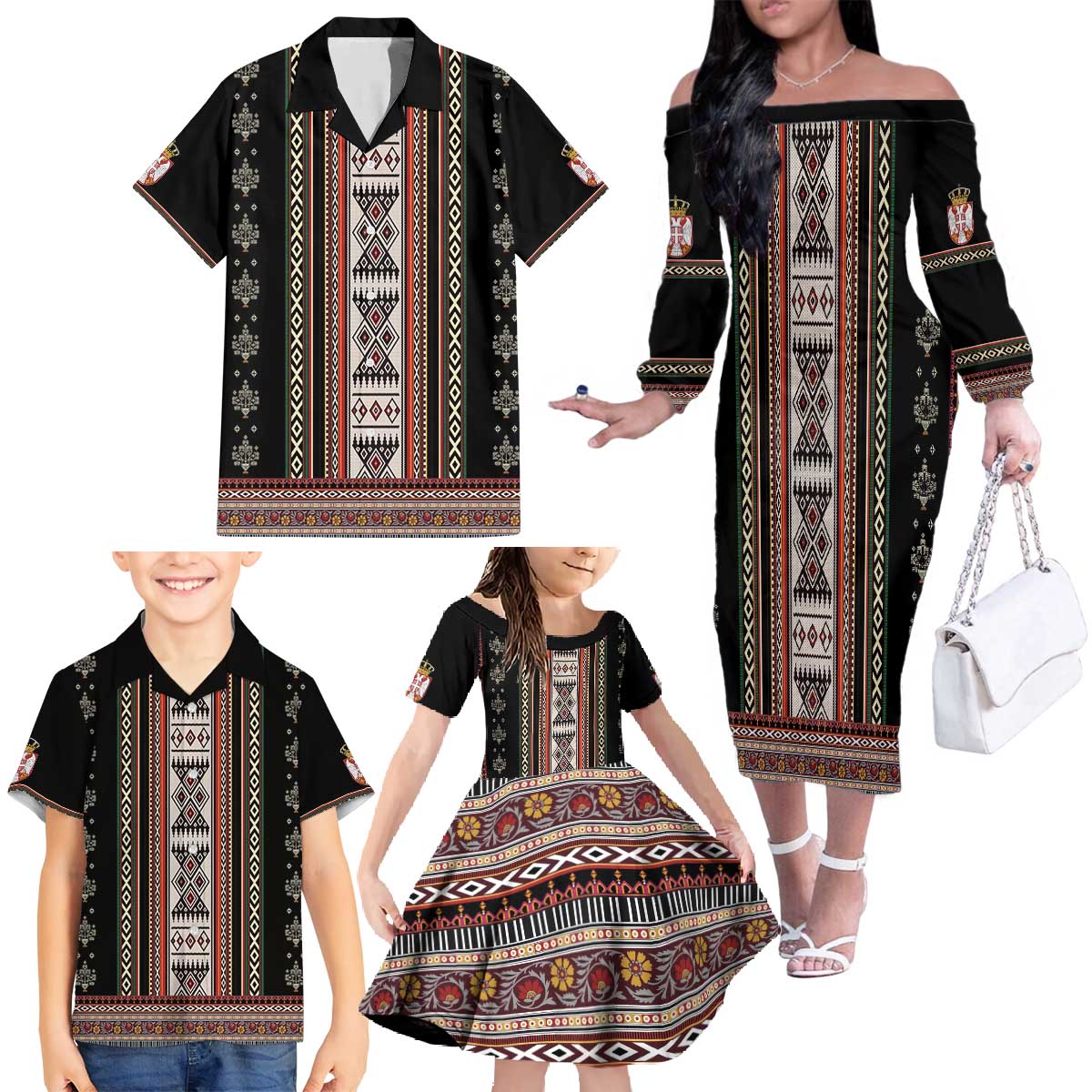 Serbia Folk Pattern Family Matching Off The Shoulder Long Sleeve Dress and Hawaiian Shirt God of Justice - Wonder Print Shop