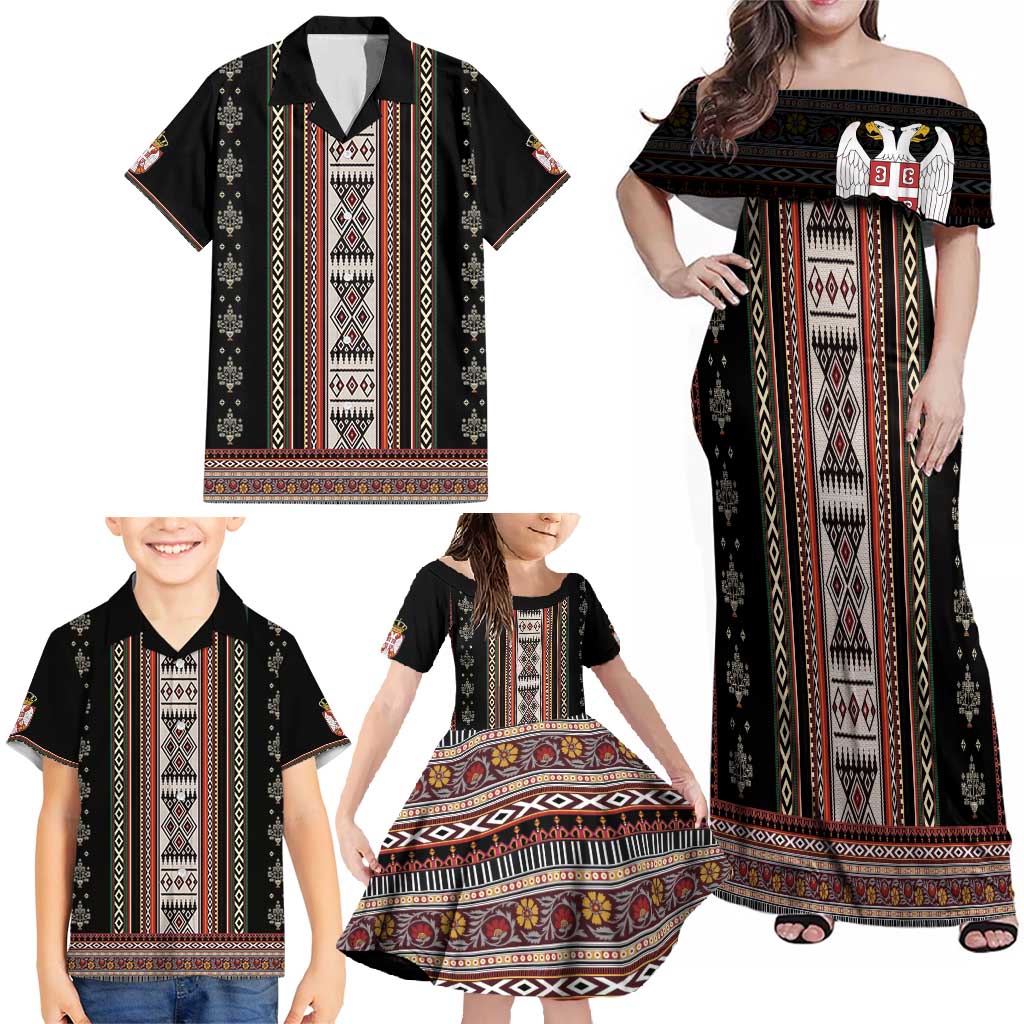 Serbia Folk Pattern Family Matching Off Shoulder Maxi Dress and Hawaiian Shirt God of Justice - Wonder Print Shop