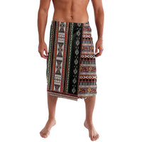 Black patterned lavalava wrap skirt with vertical tribal stripe design