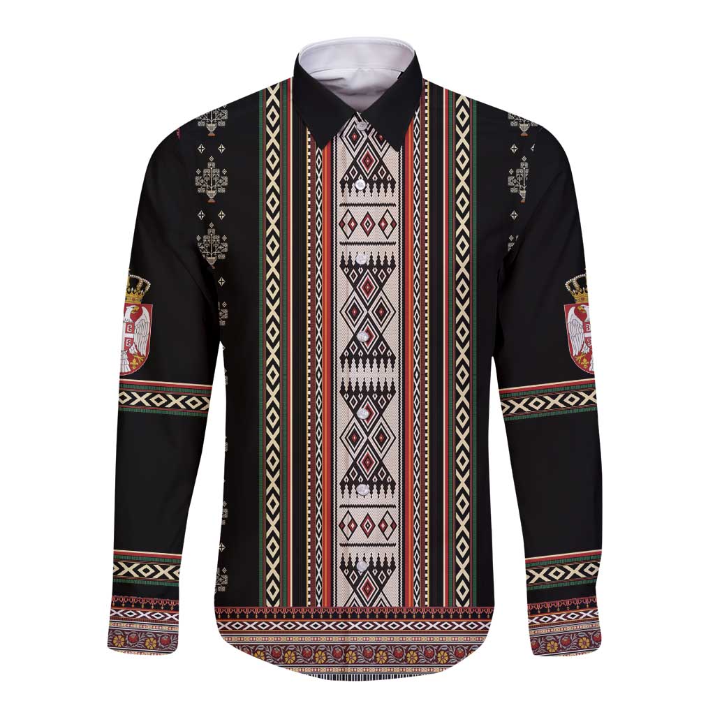 Serbia Folk Pattern Long Sleeve Button Shirt God of Justice - Wonder Print Shop