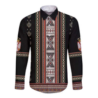 Black long-sleeve button shirt with front folk stripe and geometric pattern