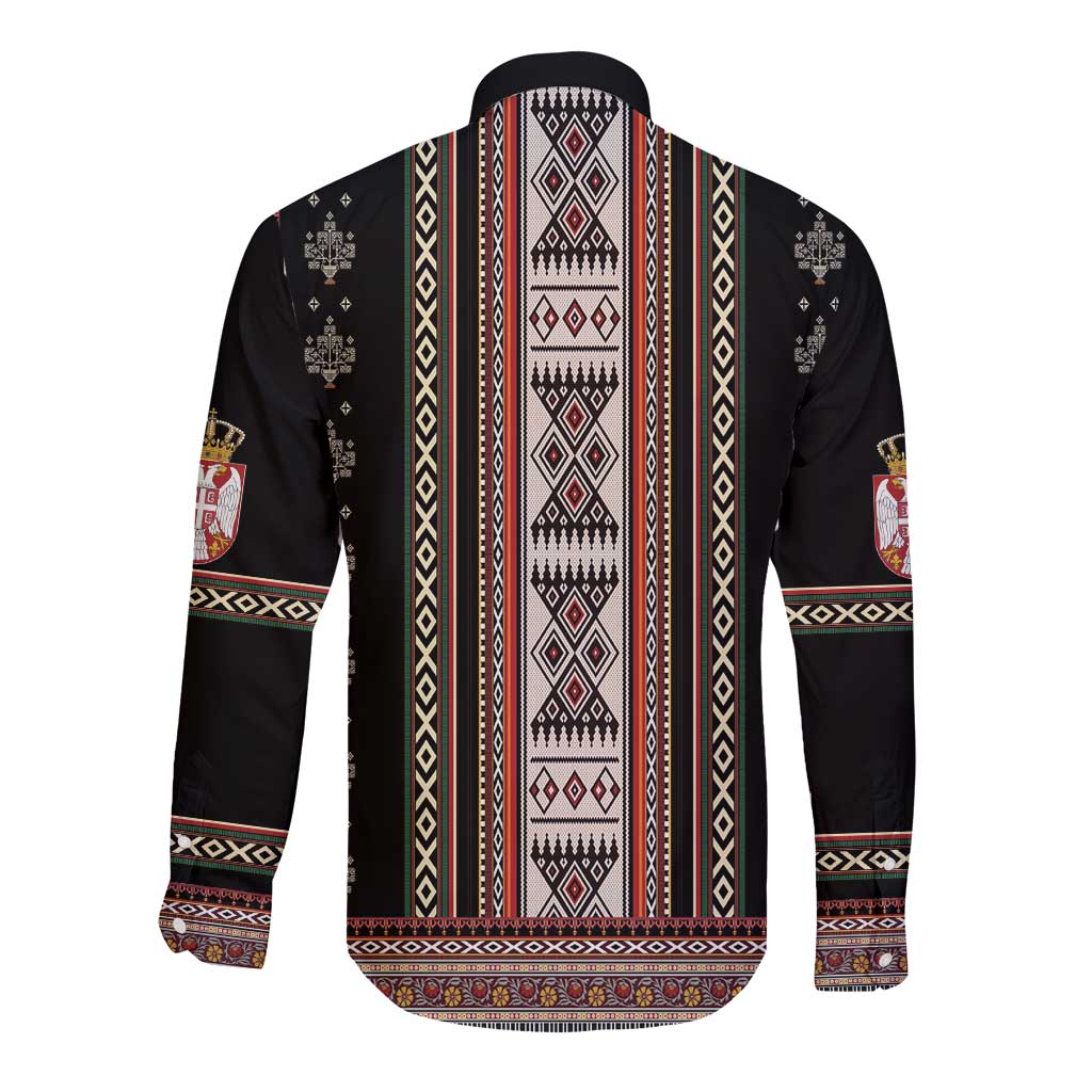 Black long-sleeve button shirt with back vertical folk stripe and geometric pattern