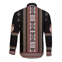 Black long-sleeve button shirt with back vertical folk stripe and geometric pattern