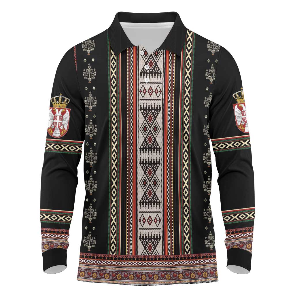 Serbia Folk Pattern Long Sleeve Polo Shirt God of Justice - Wonder Print Shop