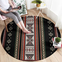 Round black folk-pattern carpet with multicolor vertical stripes and central diamond motif