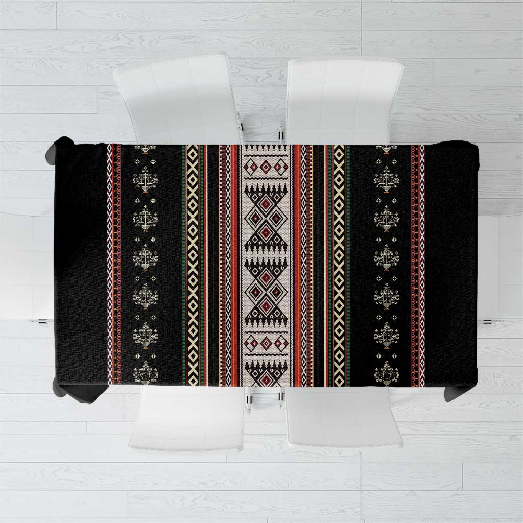 Black folk-pattern tablecloth with multicolor vertical stripe motifs