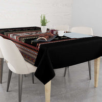 Black tablecloth with multicolor folk bands and corner overhang
