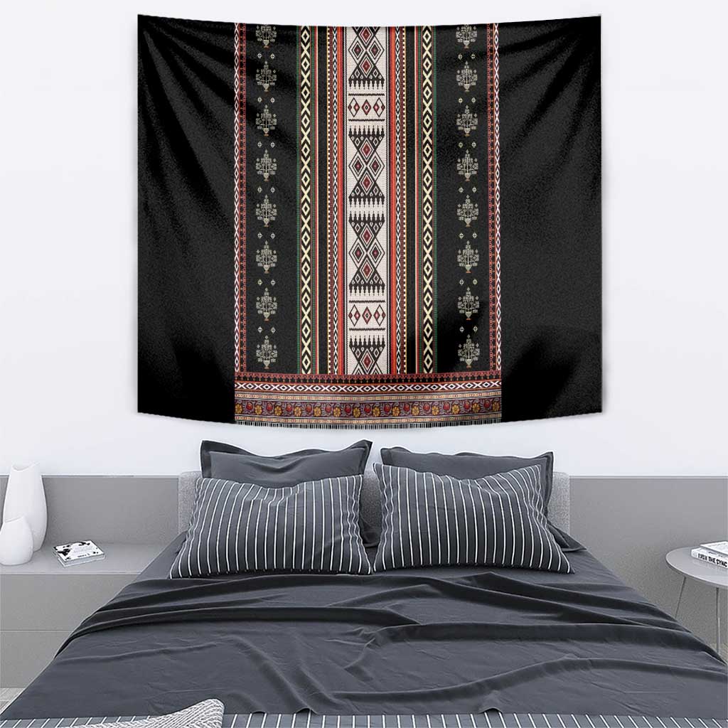 Black folk pattern tapestry featuring wide striped border and central diamond medallion