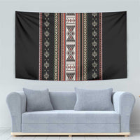 Black folk tapestry with ornate center panel and repeating side border stripes