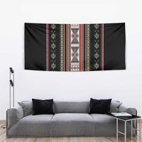 Black tapestry with vertical stripe bands and multicolor geometric border trim