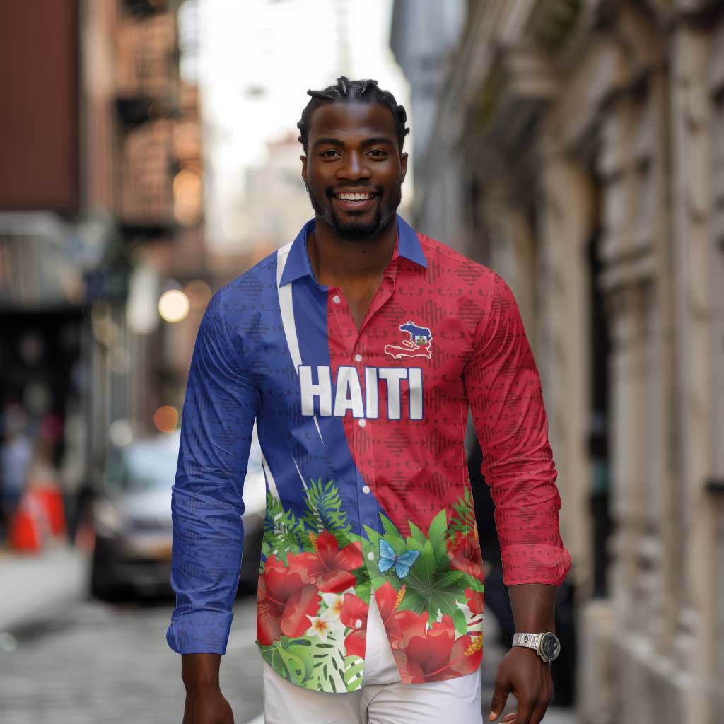 Personalized Afro-Haitians Tropical Long Sleeve Button Shirt Fleur-De-Lis Veves Motif - Wonder Print Shop