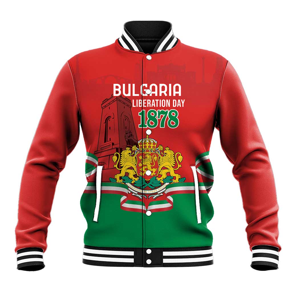 Red unisex baseball jacket with snap front, striped collar, 'Bulgaria Liberation Day 1878' graphic