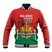 Red unisex baseball jacket with snap front, striped collar, 'Bulgaria Liberation Day 1878' graphic
