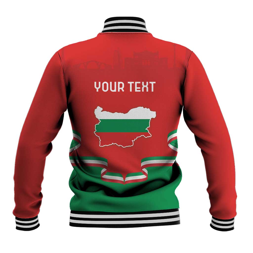 Red unisex baseball jacket back with 'YOUR TEXT', Bulgaria map graphic, striped collar and cuffs