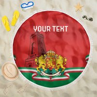 Red round beach blanket with fringe, Bulgaria crest and 'YOUR TEXT' print