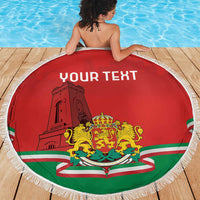 Red round beach blanket with fringe, Bulgaria crest and 'YOUR TEXT' on poolside