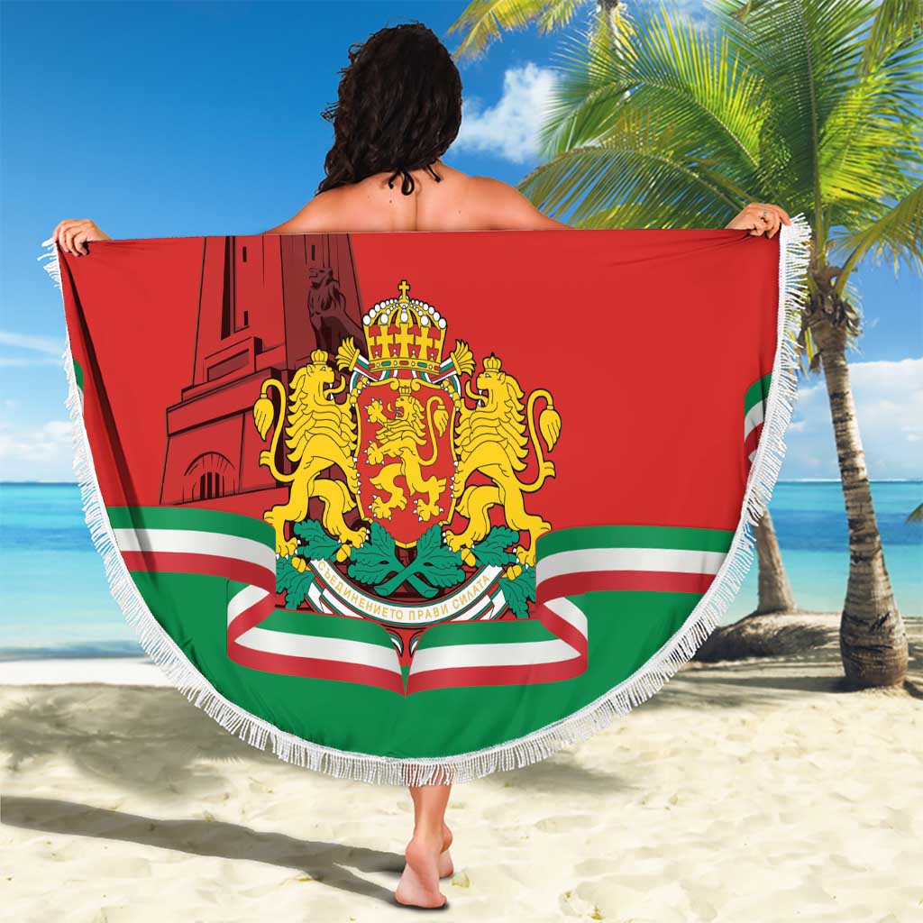 Red Bulgaria beach blanket with fringe, crest and 'YOUR TEXT' draped over person
