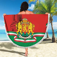 Red Bulgaria beach blanket with fringe, crest and 'YOUR TEXT' draped over person