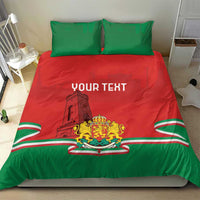 Personalized bedding set with red-and-green duvet cover and pillowcases, “YOUR TEXT,” crest