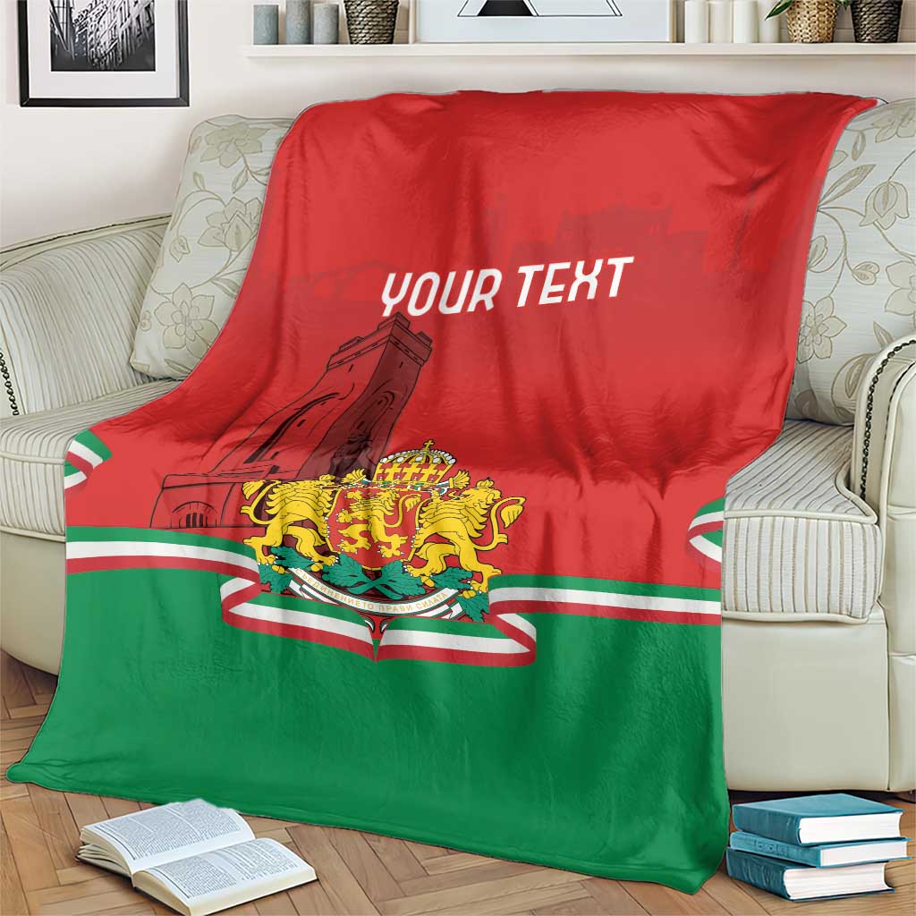 Personalized Bulgaria flag blanket draped on a sofa, red-green with crest and "YOUR TEXT"