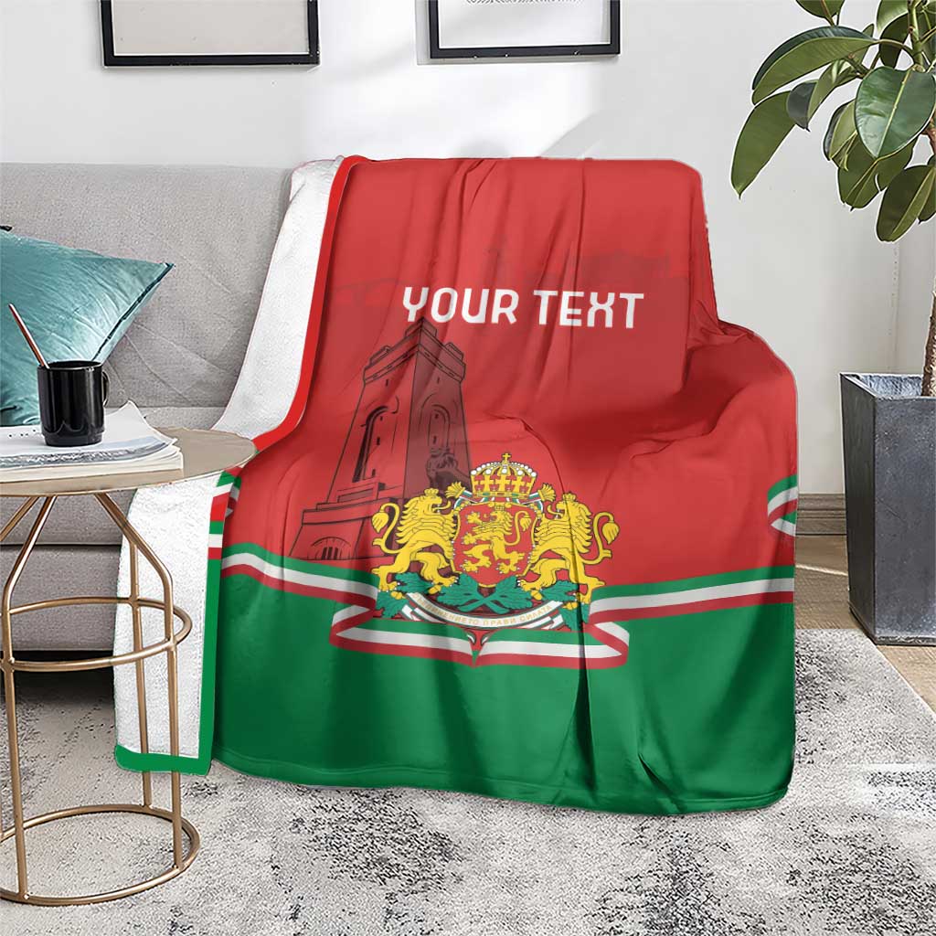 Personalized Bulgaria flag blanket on a living room sofa, red-green with crest and "YOUR TEXT"